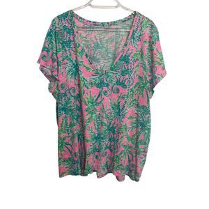 Lilly Pulizer Keep Palm V-Neck Shirt Size 2X Pink Green Summer